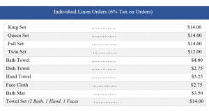 Individual Linens Pricing Chart