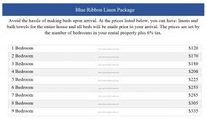 Linen Packages Pricing Chart