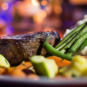 Closeup shot of a gourmet vegetable steak dish