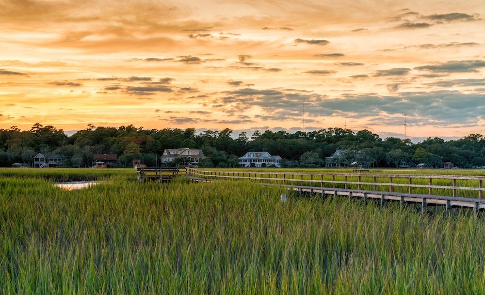 long wooden dock on the inlet at Pawleys Island