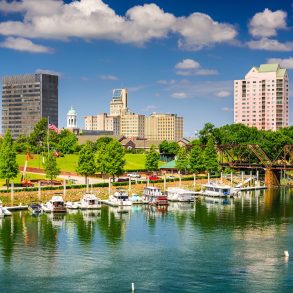 Augusta, Georgia, USA downtown skyline on the Savannah River.