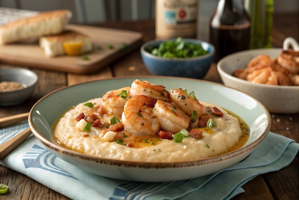 Delicious shrimp and grits dish served on a rustic wooden table 